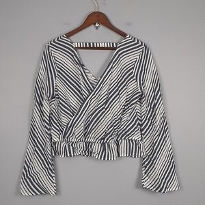 Express Cropped Striped Faux Wrap Around Long Sleeve Top